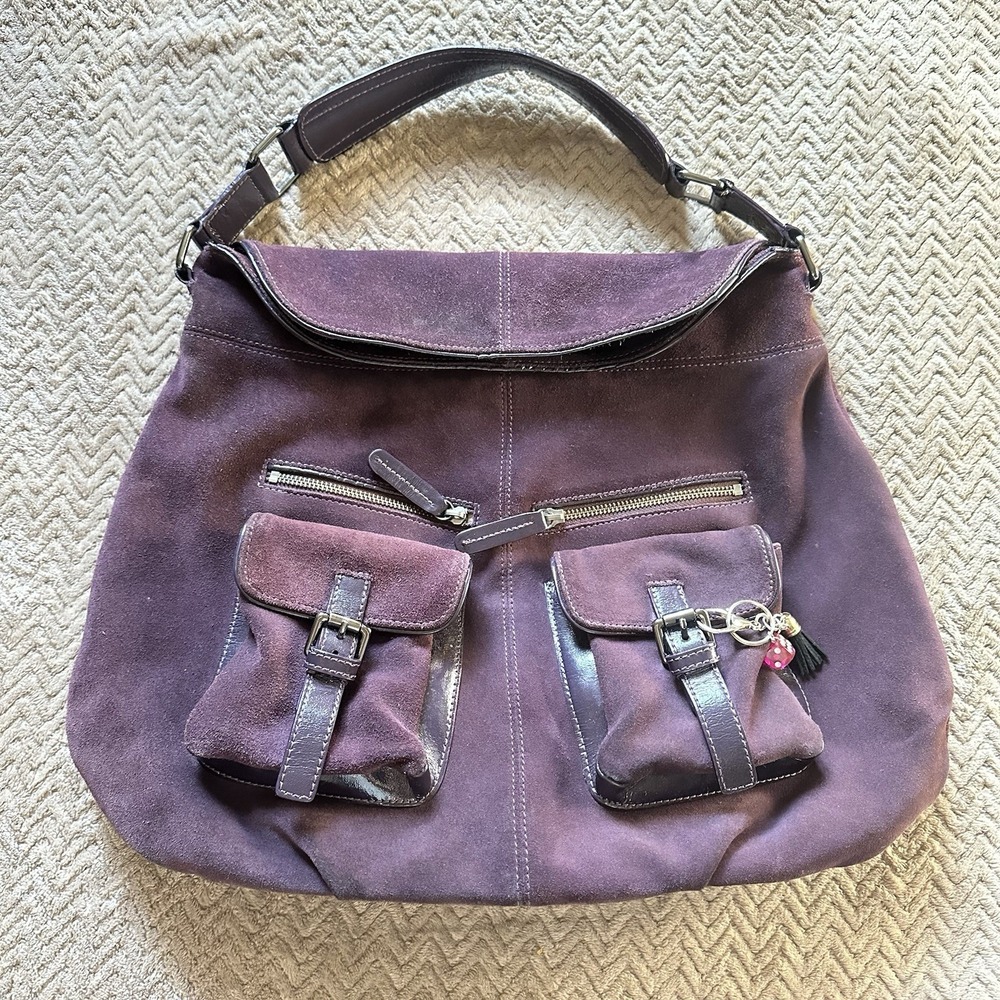 Cole Haan Designer Eggplant Purple Suede Shoulder Bag Purse